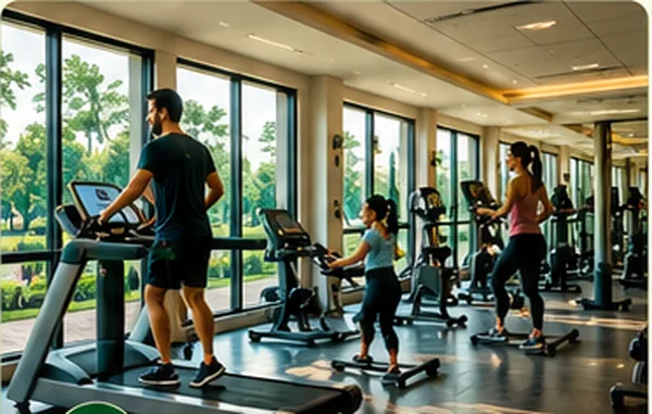 Indoor gymnasium with cardio and strength equipment