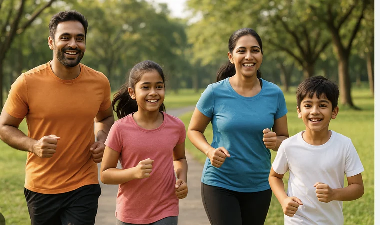 A family walking and jogging together on the track