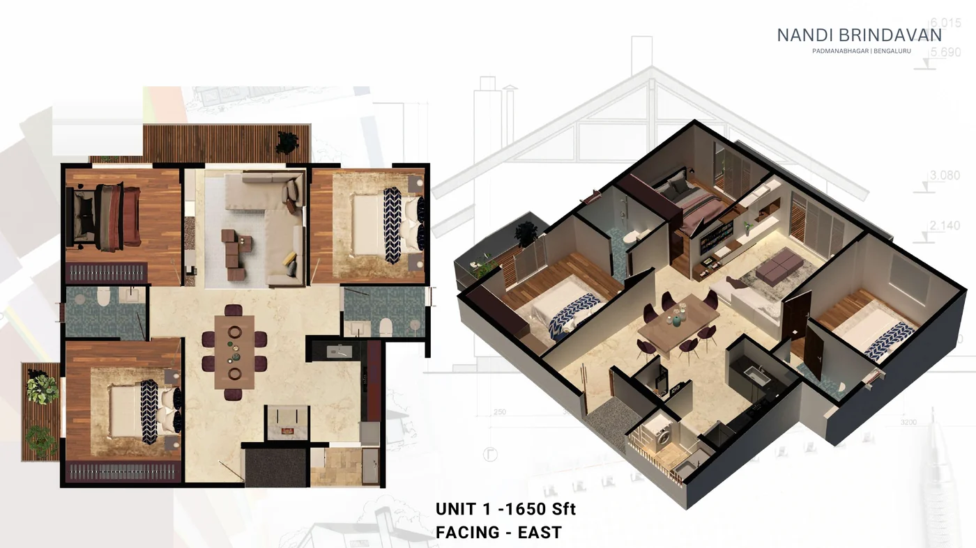 Floor plan of Unit 1, a 1,650 sq ft east-facing 3 BHK residence at Nandi Brindavan